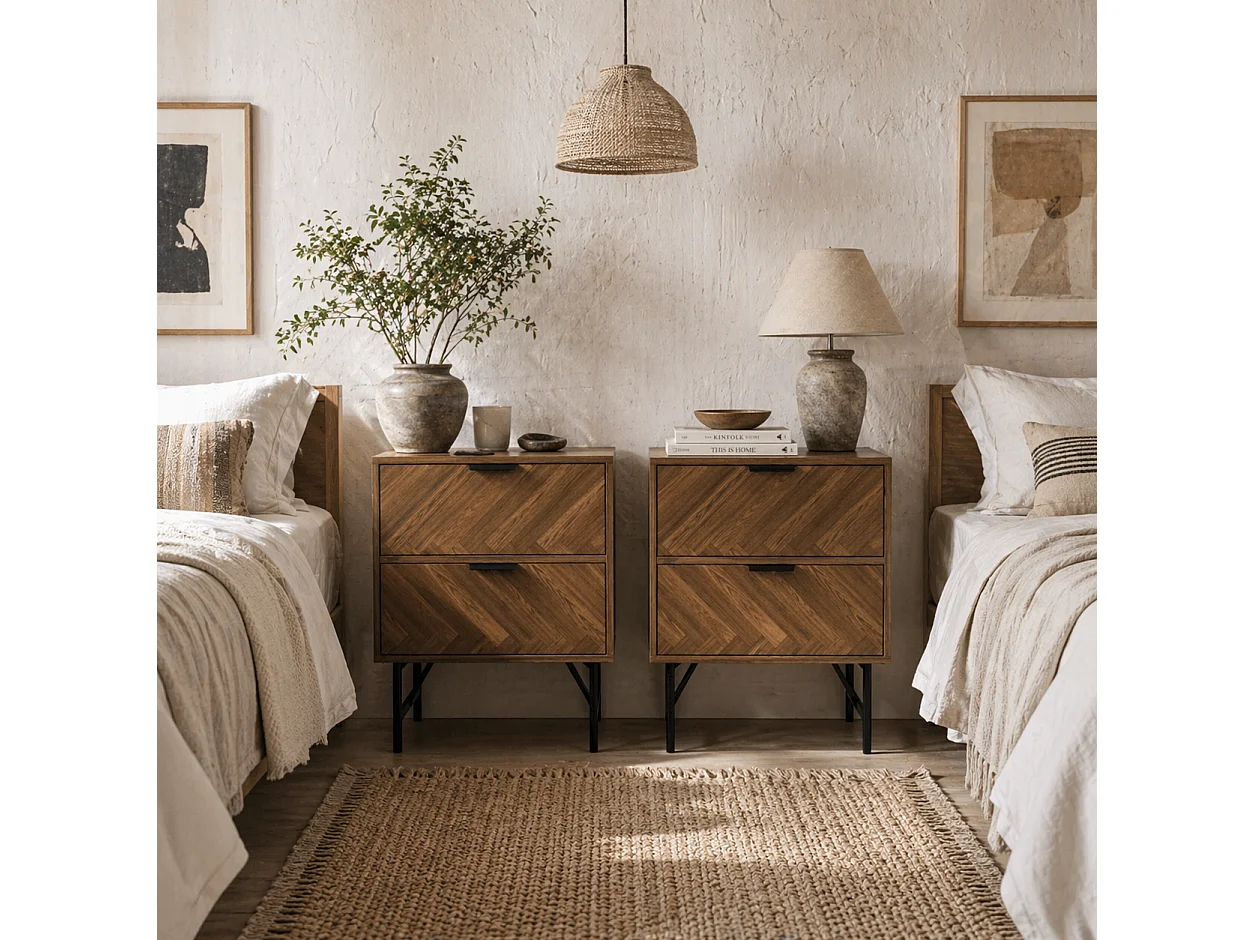 Vira Walnut Set of 2 Brown Bedside Tables Chevron Herringbone Pattern Black Metal Legs