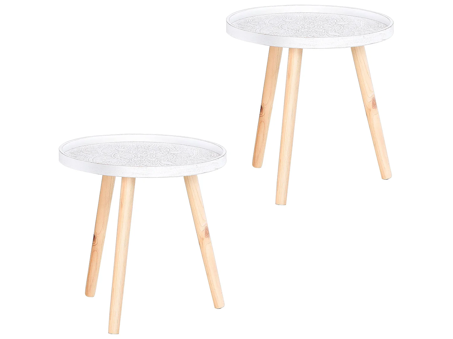 Coma Paba Set of 2 Round Side Tables White Carved Tray Tops with Solid Pine Legs