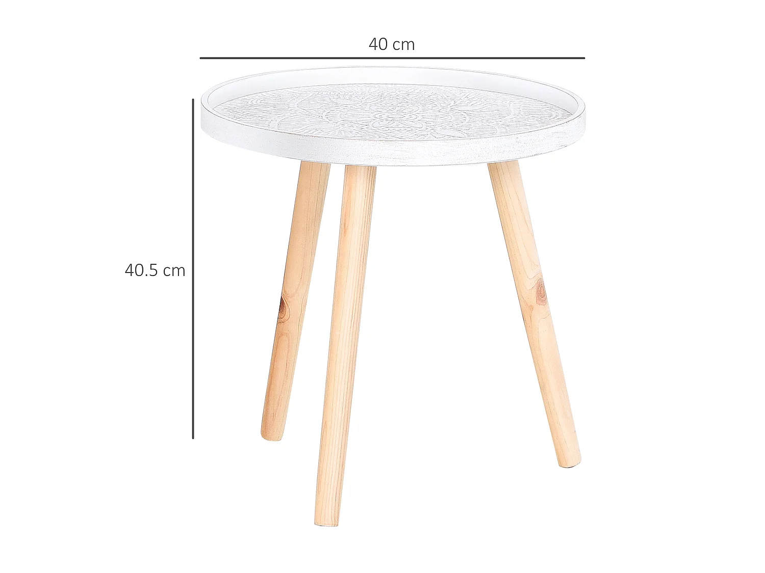 Coma Paba Set of 2 Round Side Tables White Carved Tray Tops with Solid Pine Legs