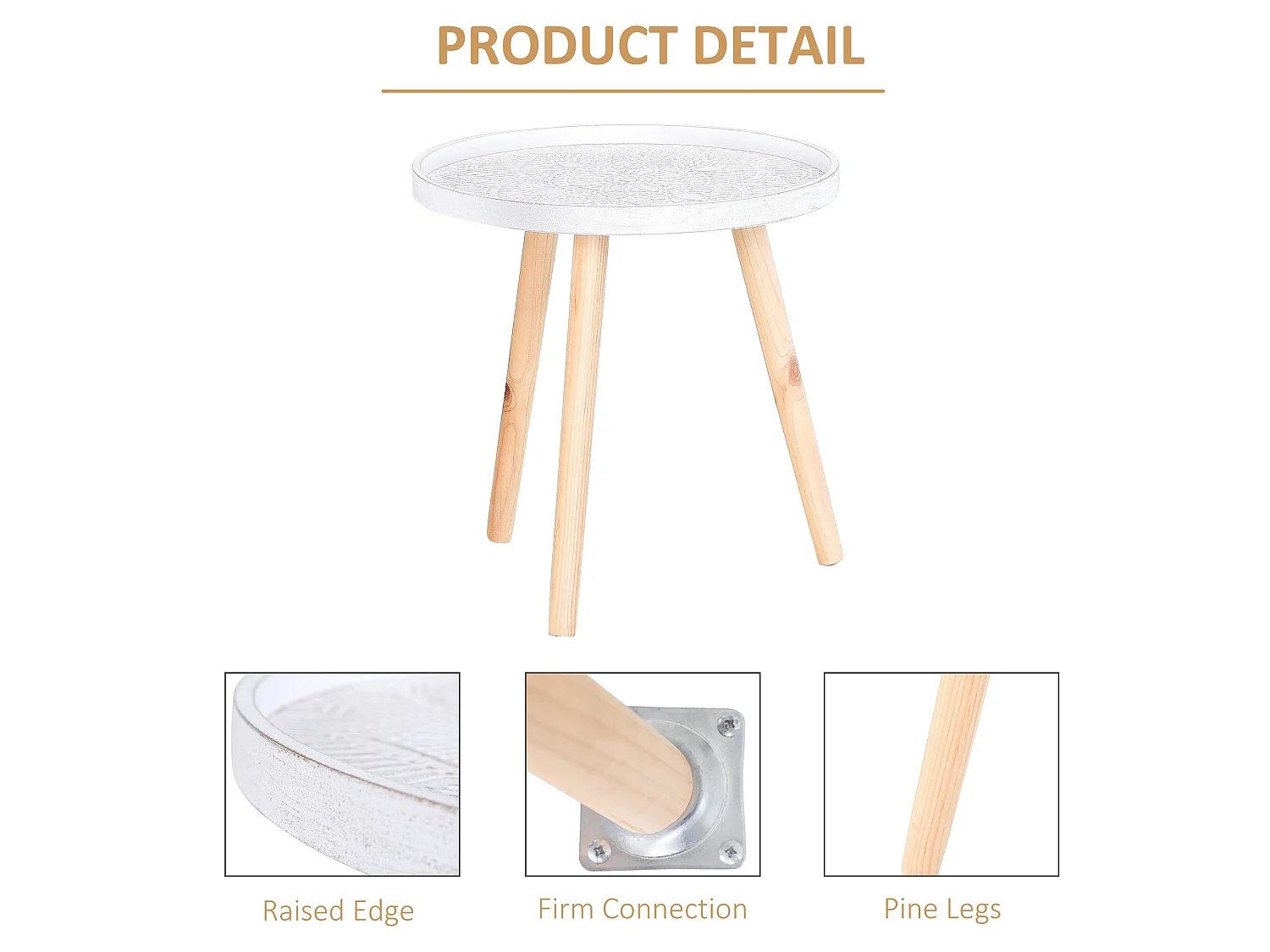 Coma Paba Set of 2 Round Side Tables White Carved Tray Tops with Solid Pine Legs