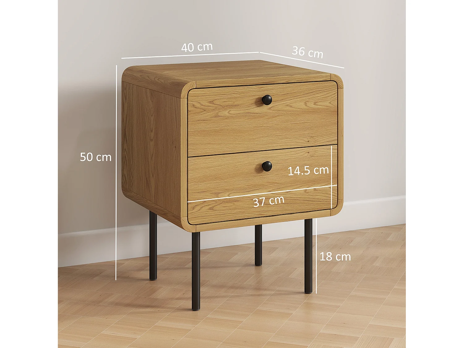 Fafile Lesu Oak Bedside Table 2 Drawers Black Steel Legs