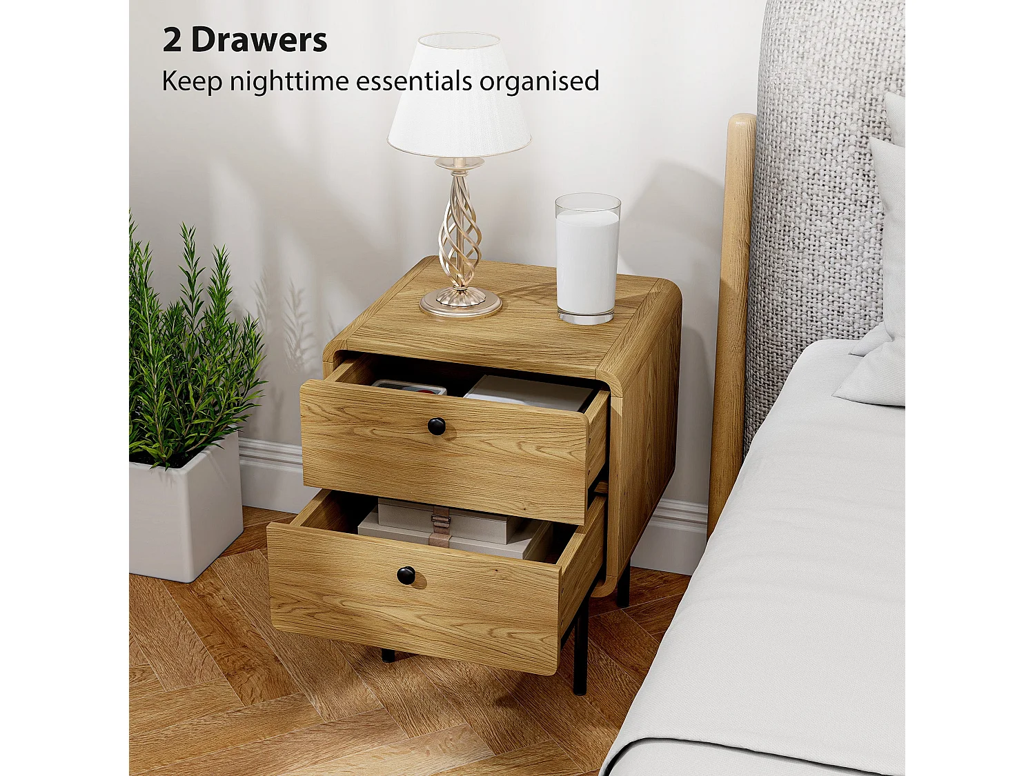 Fafile Lesu Oak Bedside Table 2 Drawers Black Steel Legs