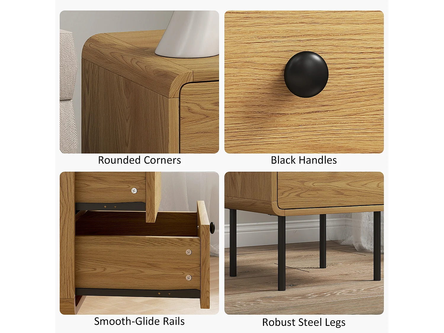 Fafile Lesu Oak Bedside Table 2 Drawers Black Steel Legs