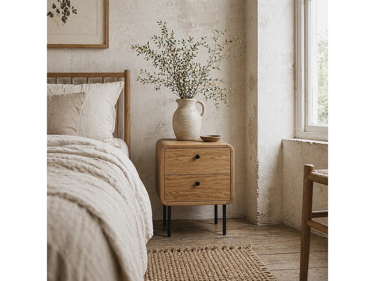 Fafile Lesu Oak Bedside Table 2 Drawers Black Steel Legs