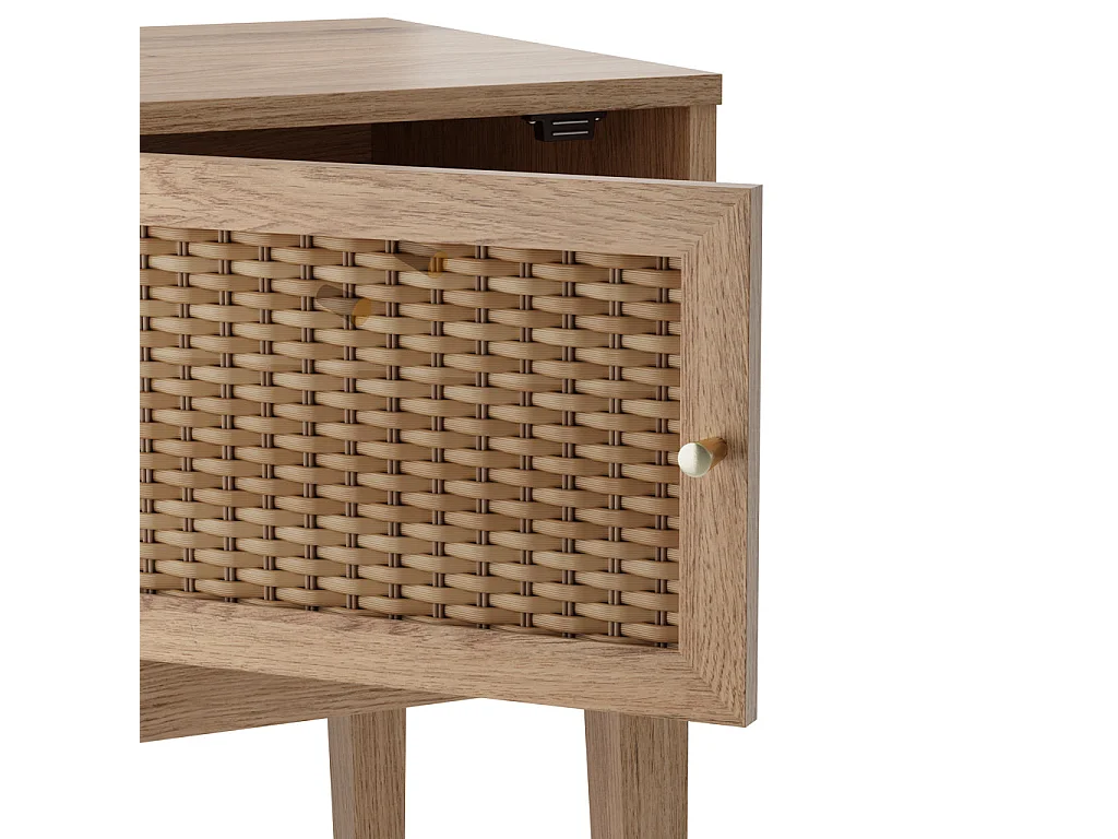 Waterford Oak and Rattan Bedside Table 1 Door Gold Toned Details