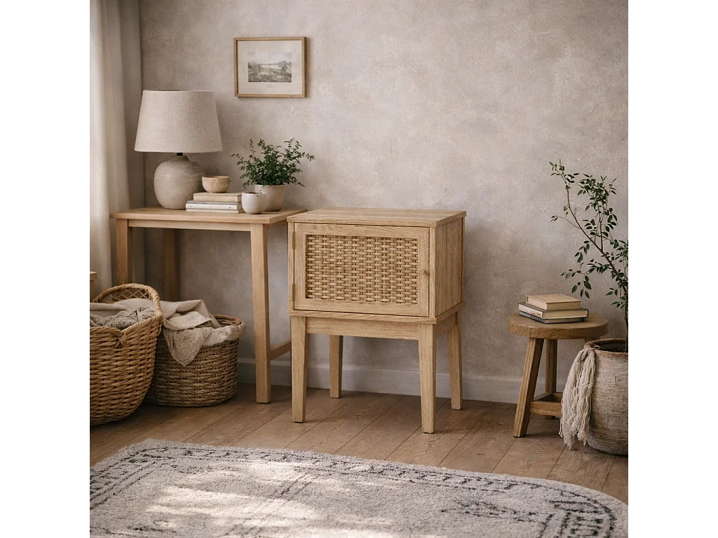 Waterford Oak and Rattan Bedside Table 1 Door Gold Toned Details