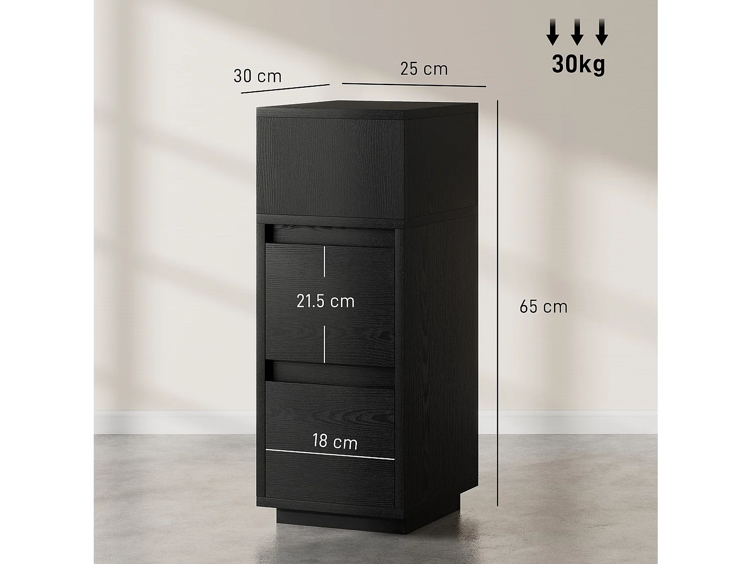 Susema Black Slim Bedside Table 2 Drawers and Open Shelf 25x30x65cm