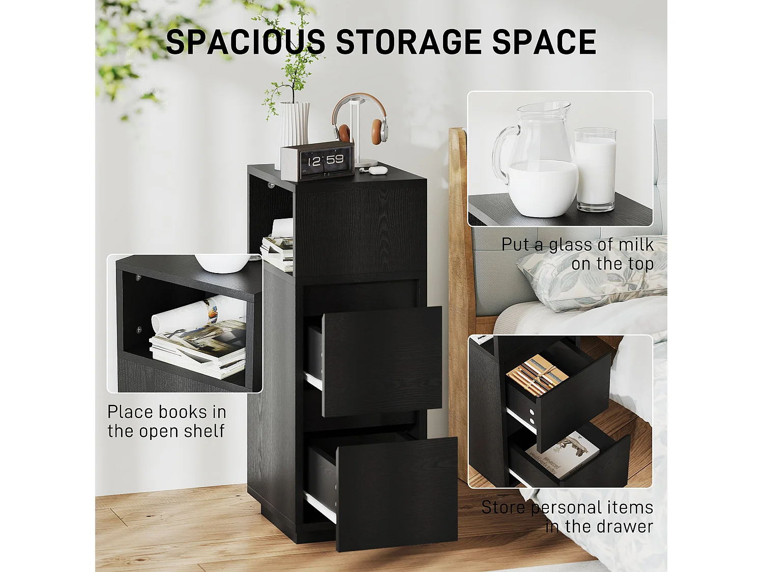 Susema Black Slim Bedside Table 2 Drawers and Open Shelf 25x30x65cm