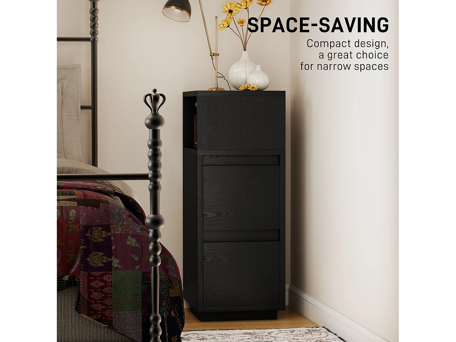 Susema Black Slim Bedside Table 2 Drawers and Open Shelf 25x30x65cm