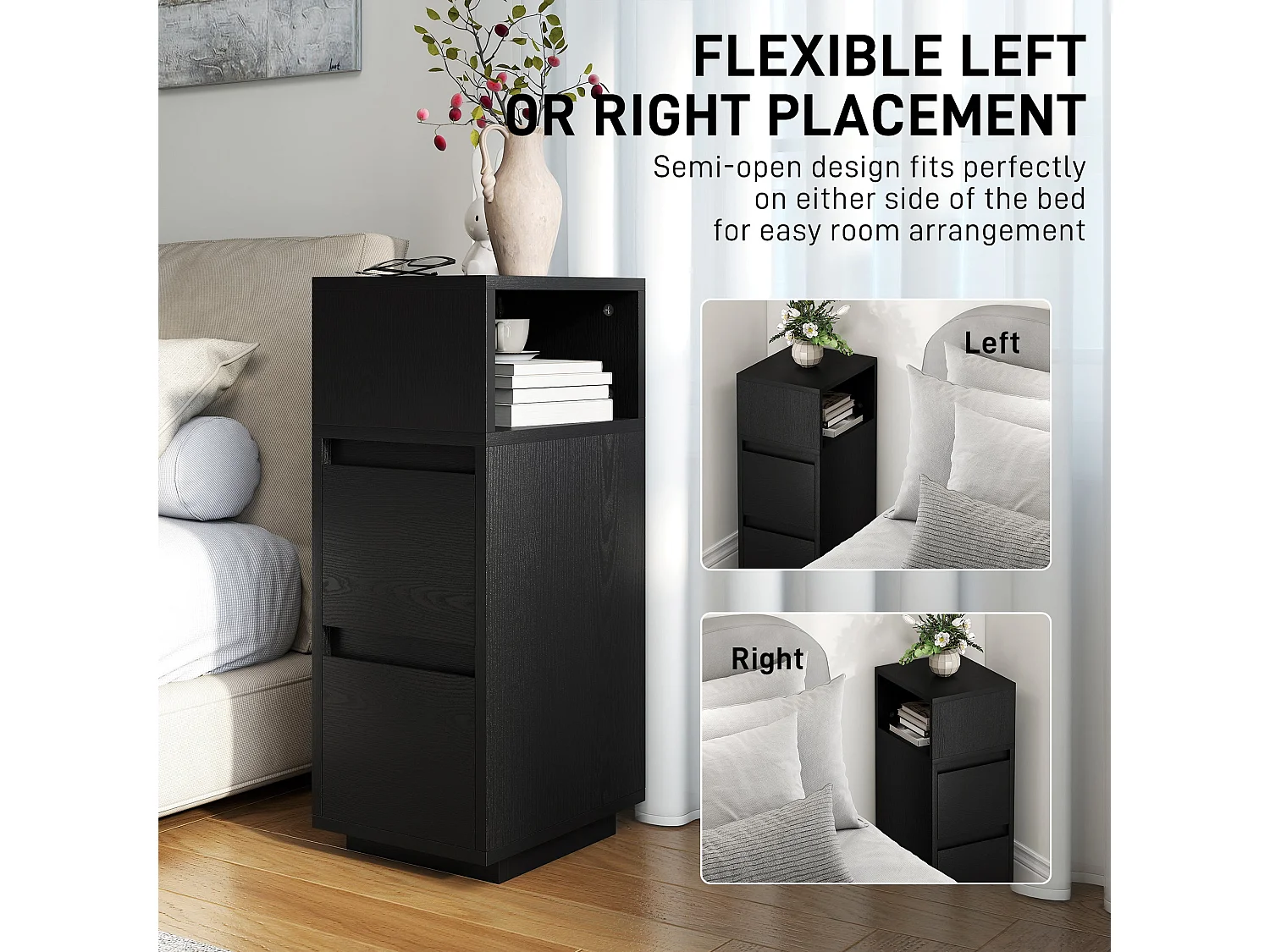 Susema Black Slim Bedside Table 2 Drawers and Open Shelf 25x30x65cm