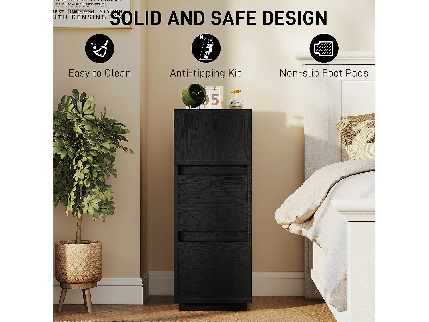 Susema Black Slim Bedside Table 2 Drawers and Open Shelf 25x30x65cm
