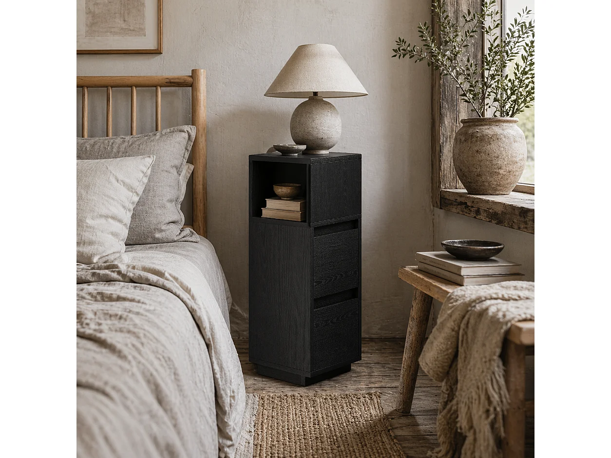 Susema Black Slim Bedside Table 2 Drawers and Open Shelf 25x30x65cm