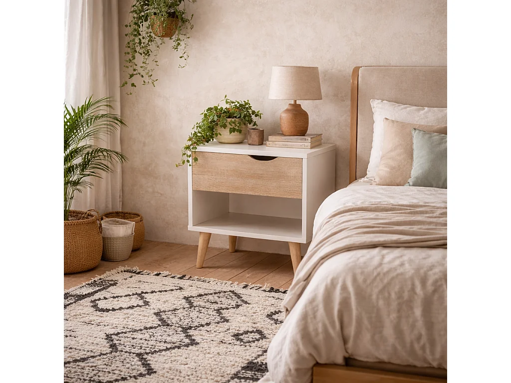 Skerries 1 Drawer Bedside Table Matt White with Natural Oak Drawer and Bottom Shelf