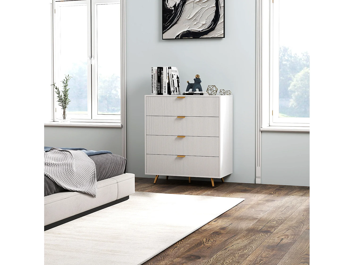Refa White 4 Drawer Bedside Storage Table Elegant Ridged Fronts Gold Handles