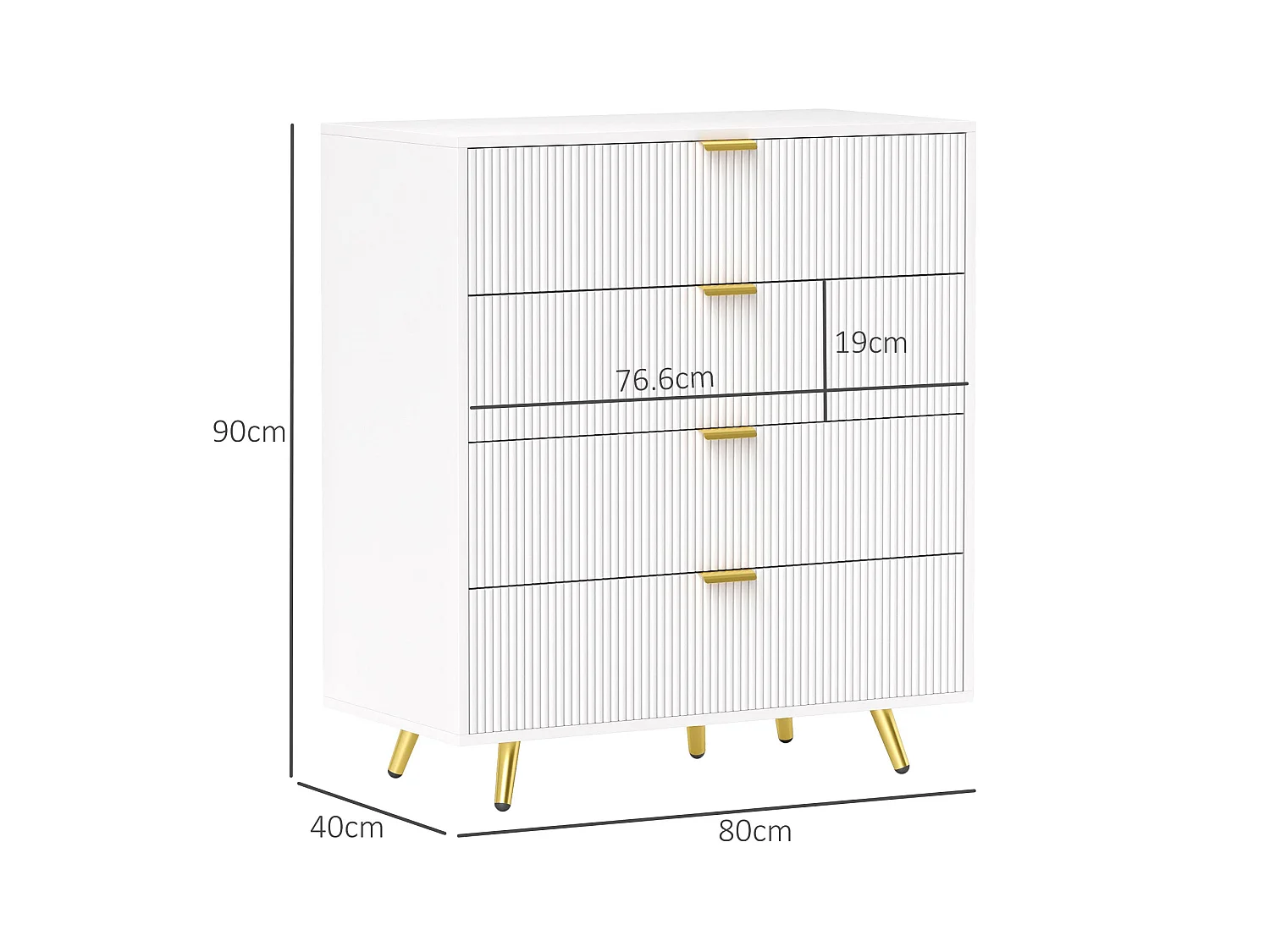 Refa White 4 Drawer Bedside Storage Table Elegant Ridged Fronts Gold Handles