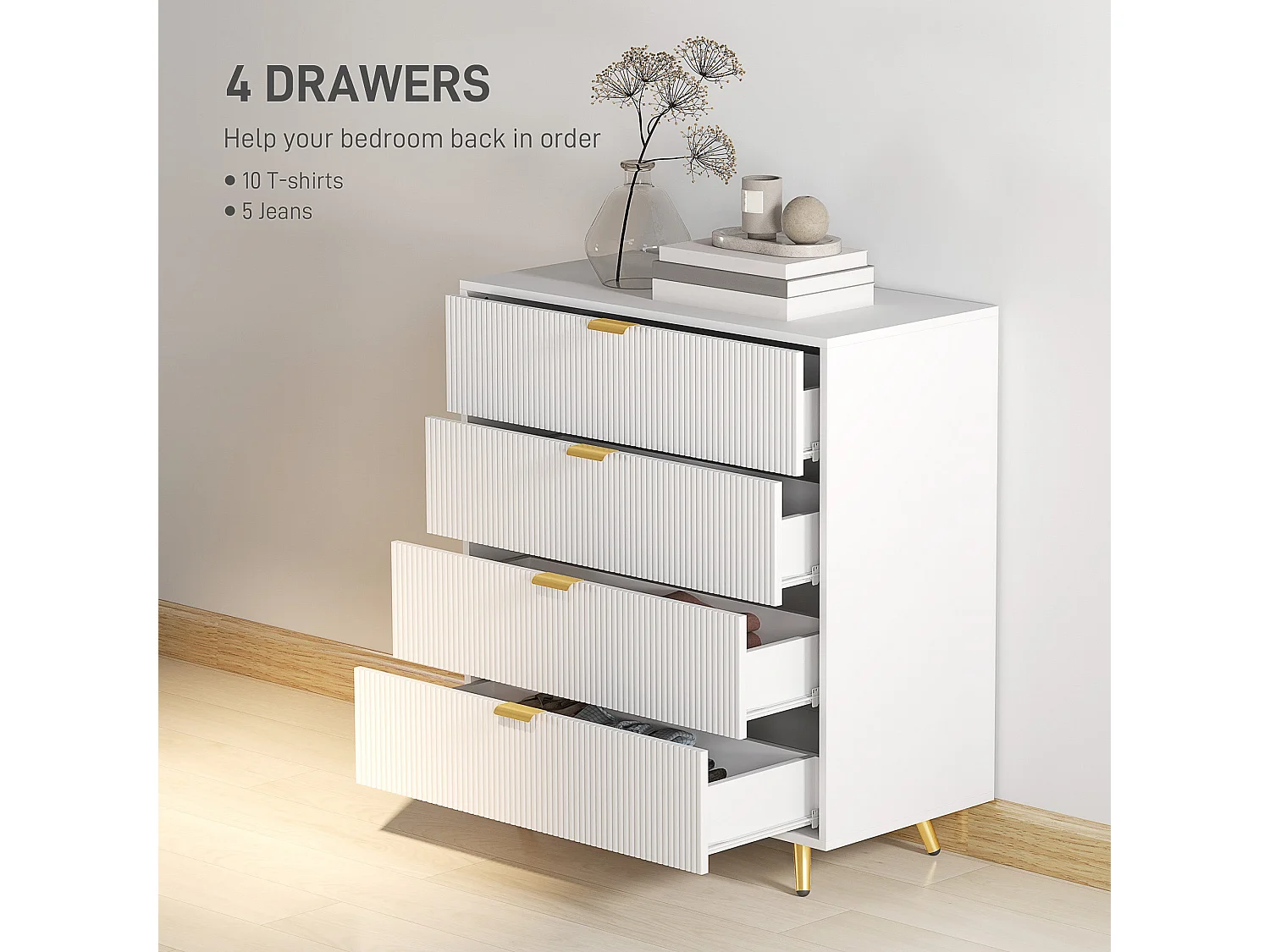 Refa White 4 Drawer Bedside Storage Table Elegant Ridged Fronts Gold Handles