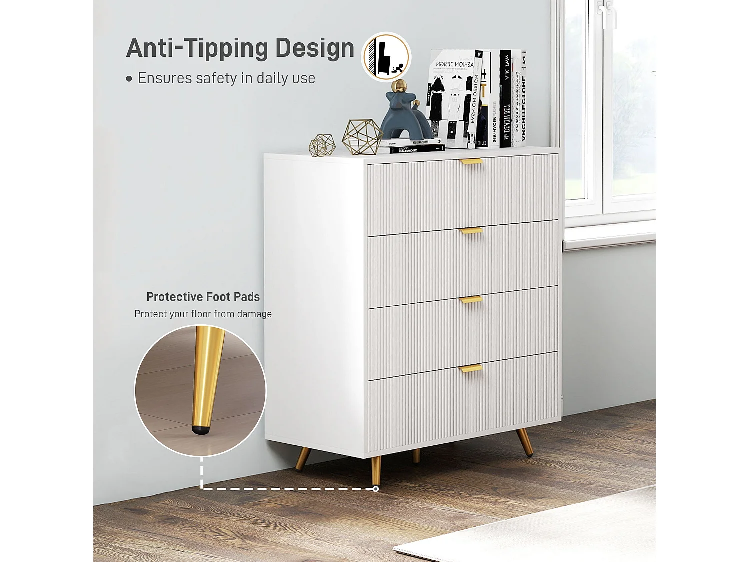Refa White 4 Drawer Bedside Storage Table Elegant Ridged Fronts Gold Handles