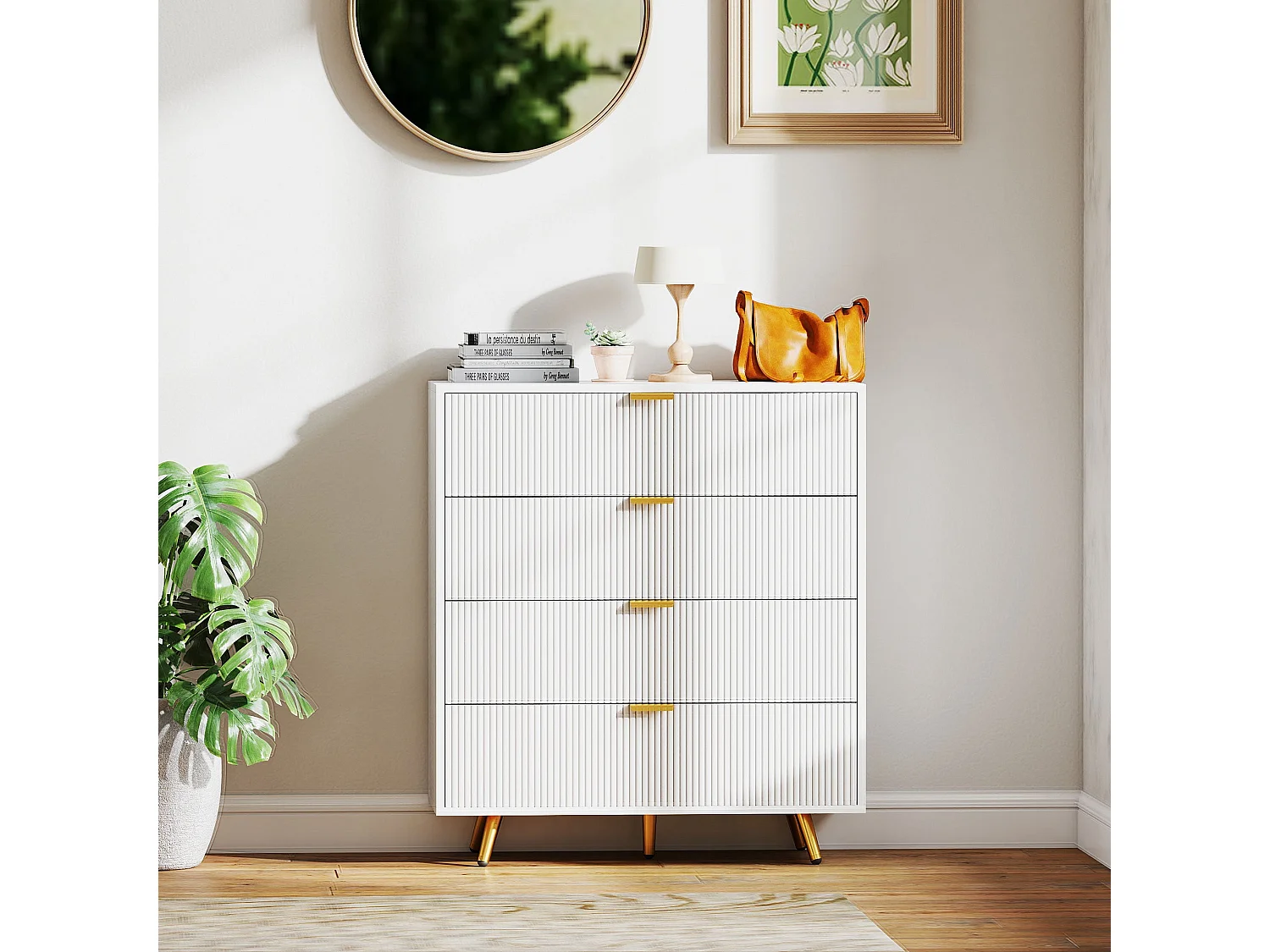 Refa White 4 Drawer Bedside Storage Table Elegant Ridged Fronts Gold Handles