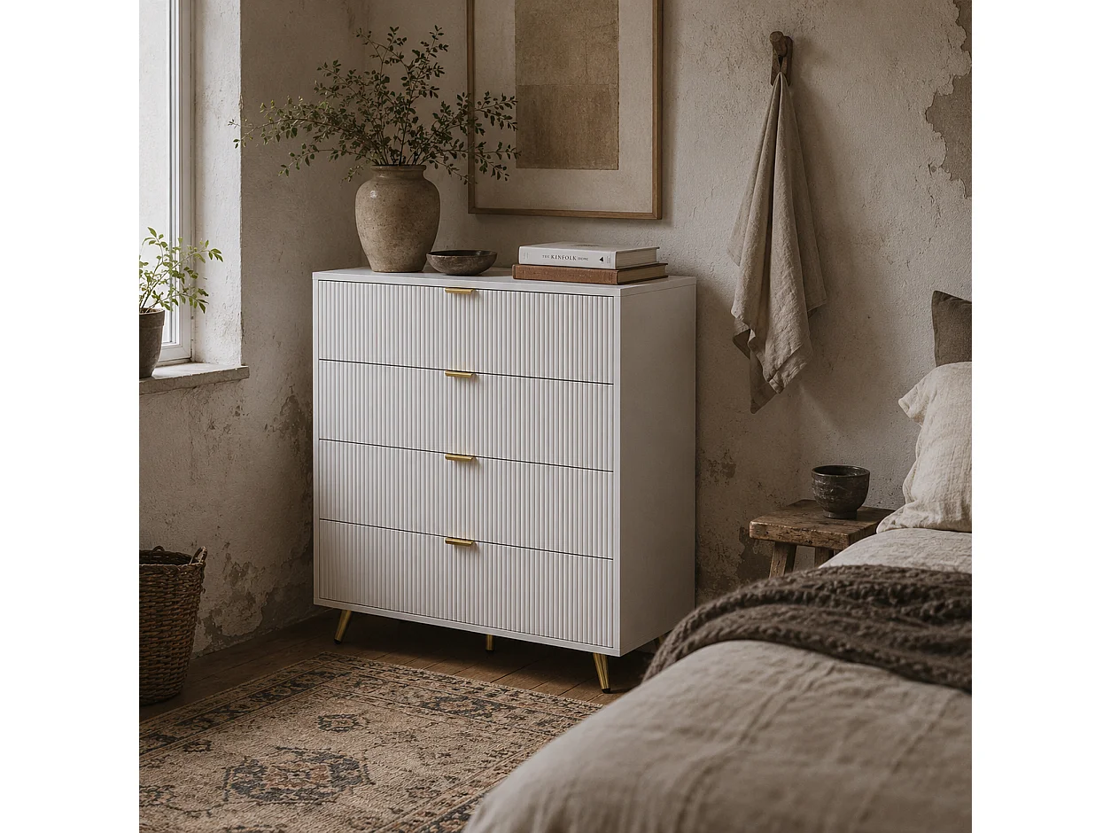 Refa White 4 Drawer Bedside Storage Table Elegant Ridged Fronts Gold Handles