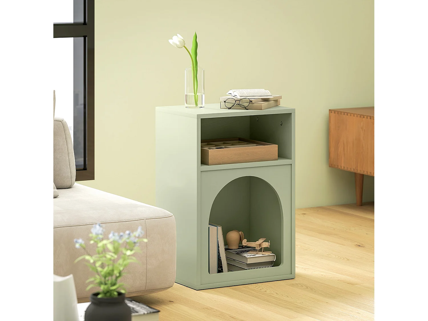 Nimayo Light Green Arched Bedside Table with 2 Open Compartments