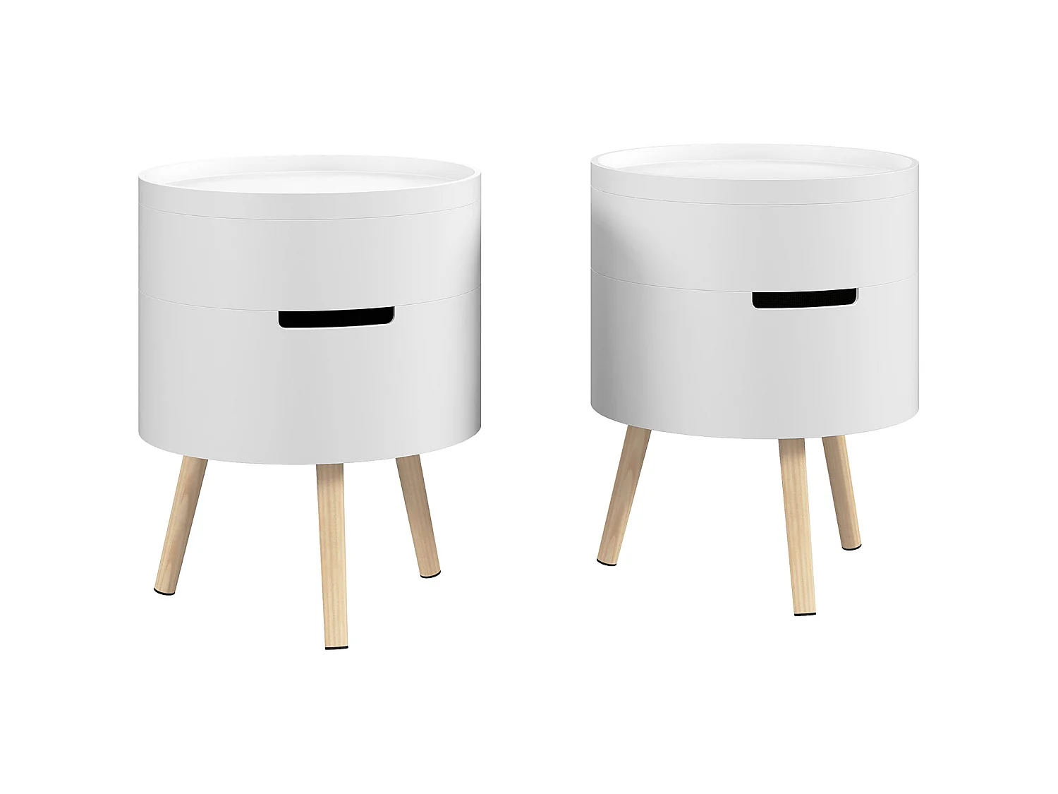 Lalo Set of 2 Round 3 Tier Bedside Tables White and Natural with Hidden Storage and Tray Tops