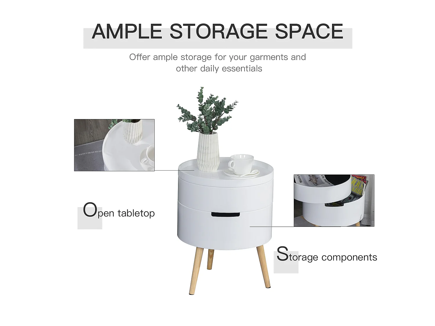 Lalo Set of 2 Round 3 Tier Bedside Tables White and Natural with Hidden Storage and Tray Tops