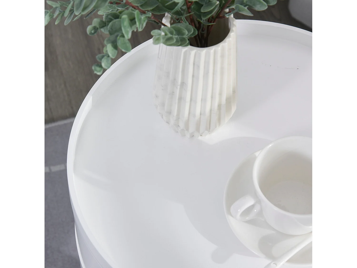 Lalo Set of 2 Round 3 Tier Bedside Tables White and Natural with Hidden Storage and Tray Tops