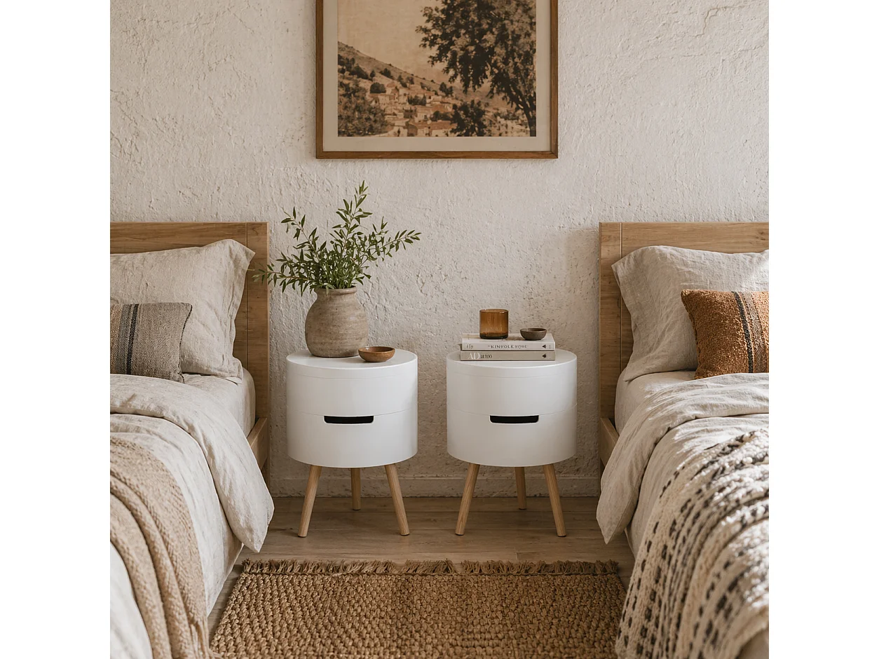 Lalo Set of 2 Round 3 Tier Bedside Tables White and Natural with Hidden Storage and Tray Tops