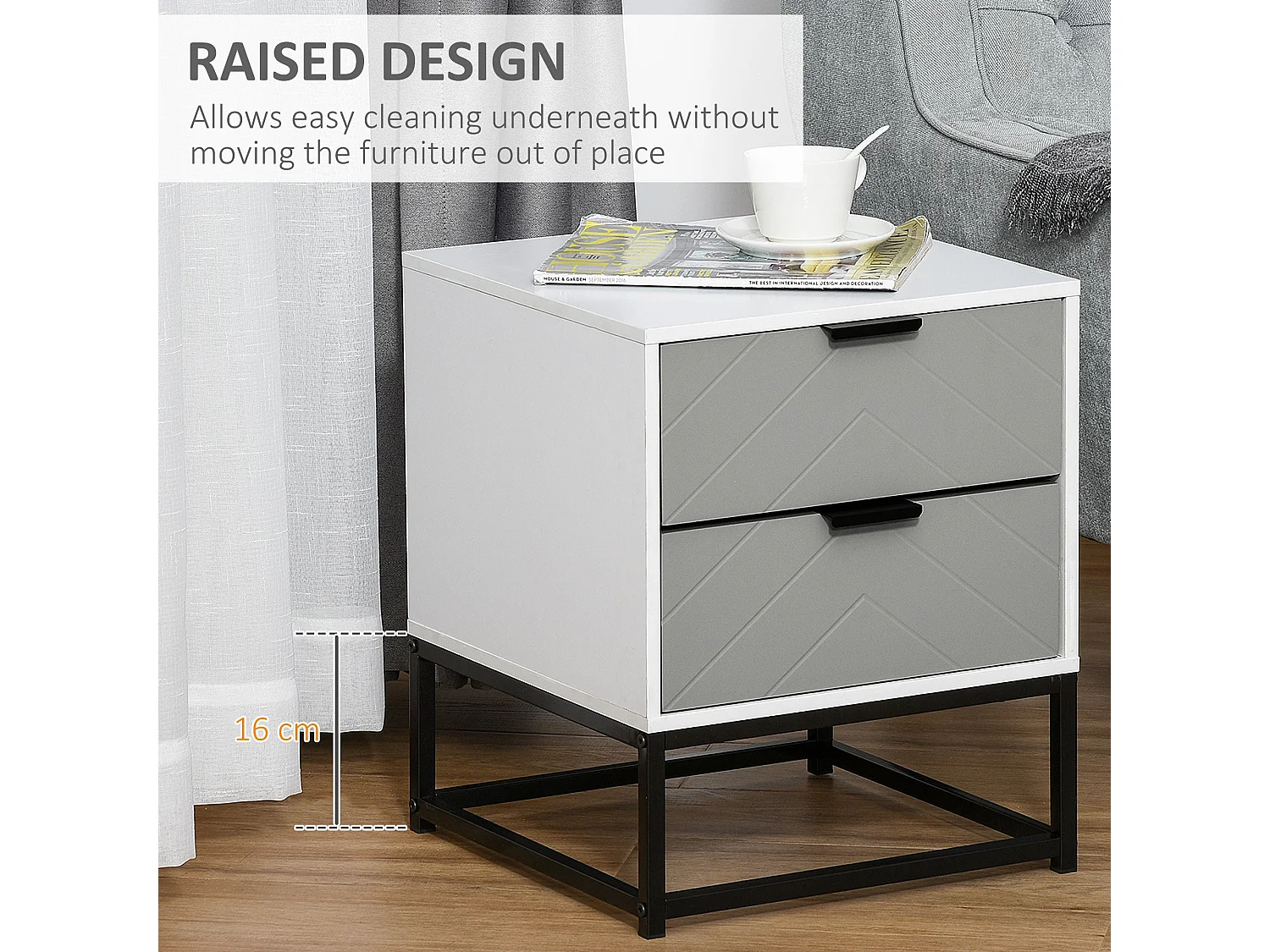 Fael Chevron 2 Drawer Bedside Cabinet White Grey Black