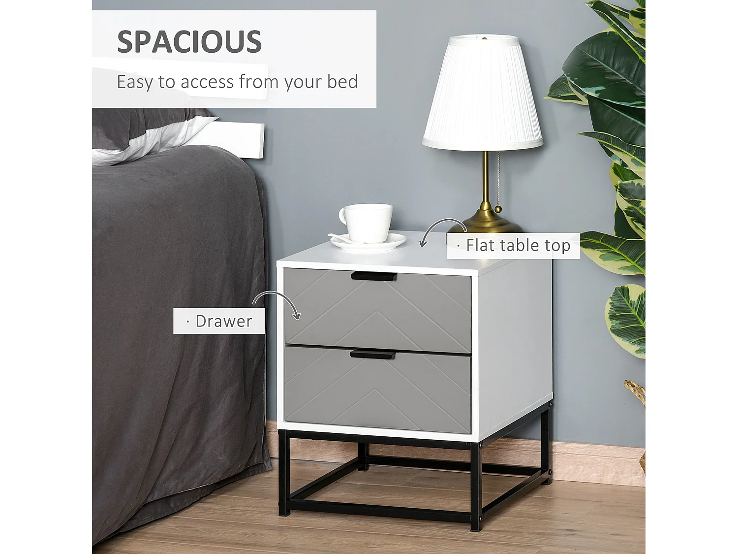 Fael Chevron 2 Drawer Bedside Cabinet White Grey Black