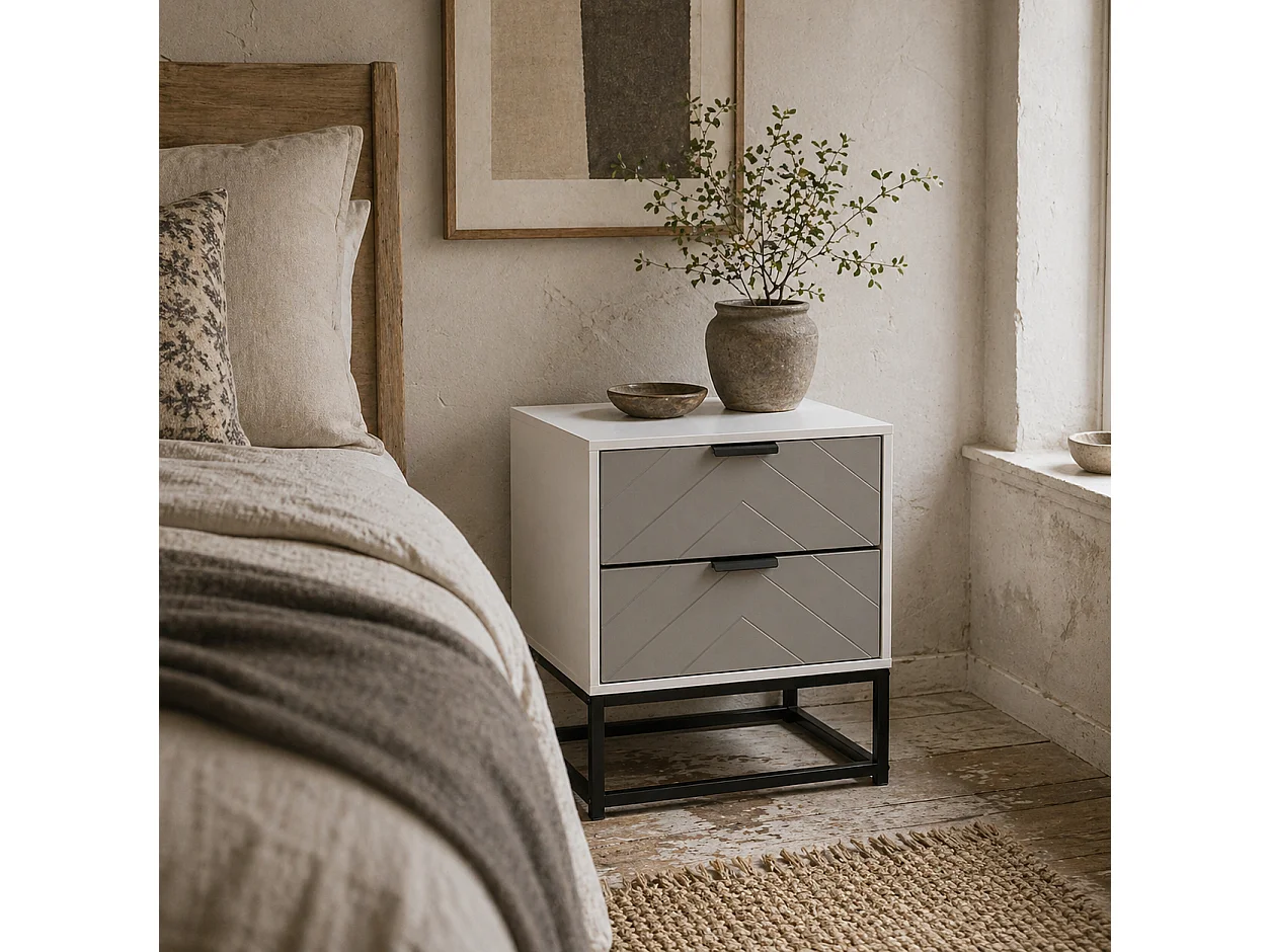 Fael Chevron 2 Drawer Bedside Cabinet White Grey Black