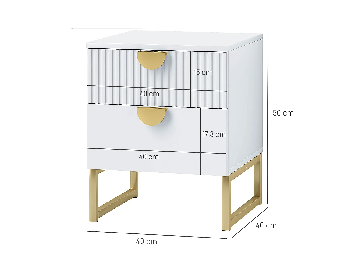 Coelta Loni White and Gold Bedside Table Ribbed 2 Drawer Nightstand