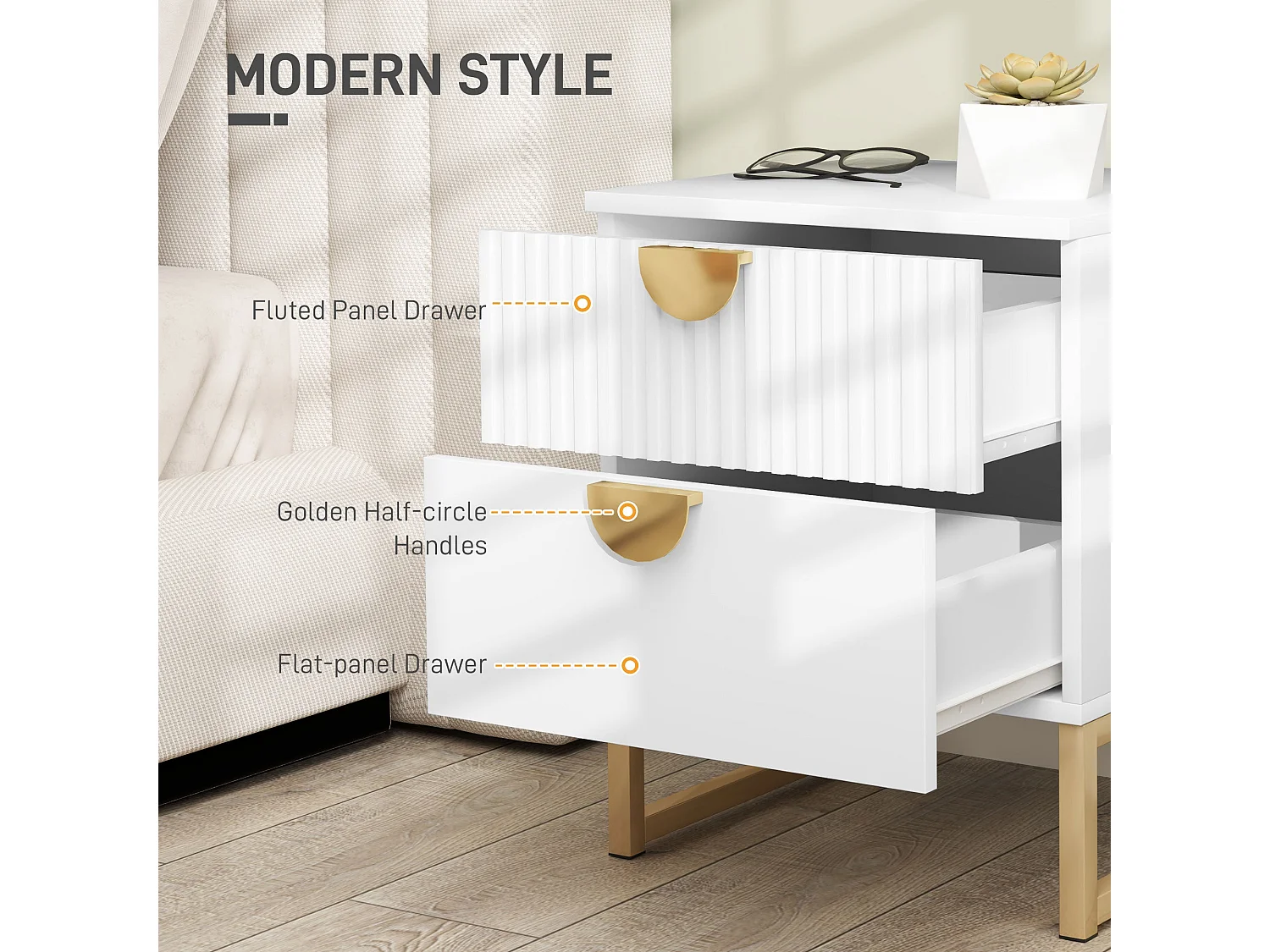 Coelta Loni White and Gold Bedside Table Ribbed 2 Drawer Nightstand