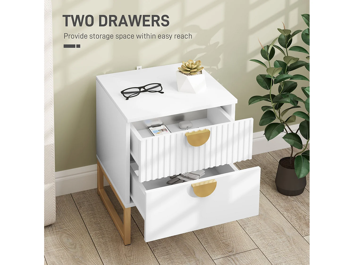 Coelta Loni White and Gold Bedside Table Ribbed 2 Drawer Nightstand