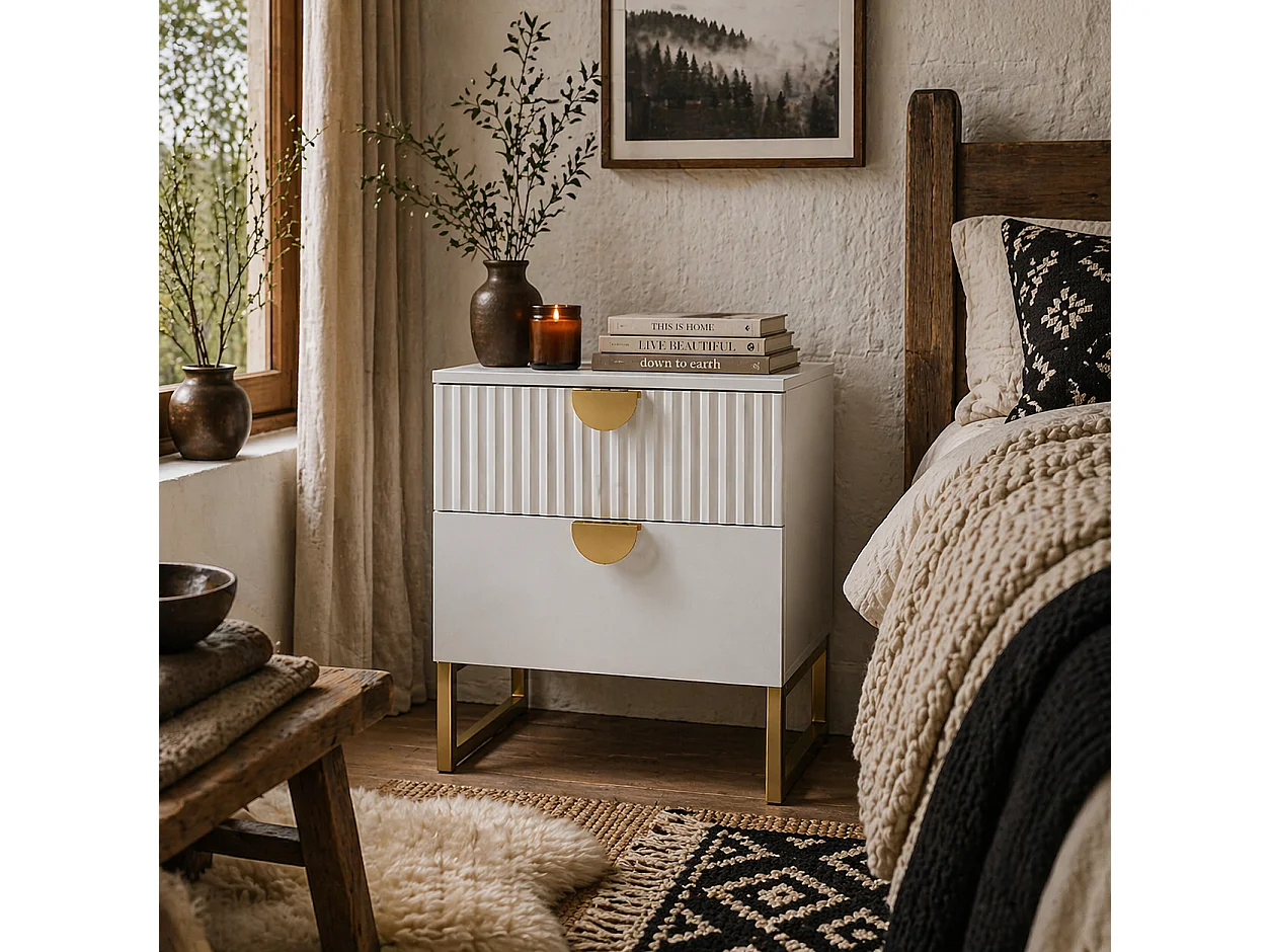 Coelta Loni White and Gold Bedside Table Ribbed 2 Drawer Nightstand