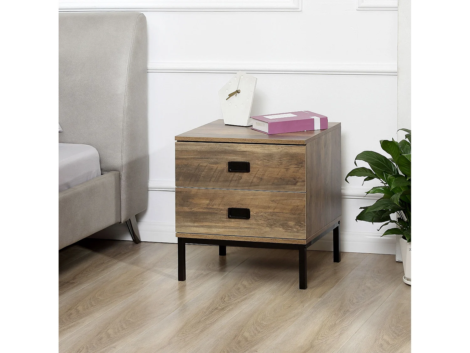 Virado Coffee Brown Bedside Table with 2 Drawers and Black Metal Legs
