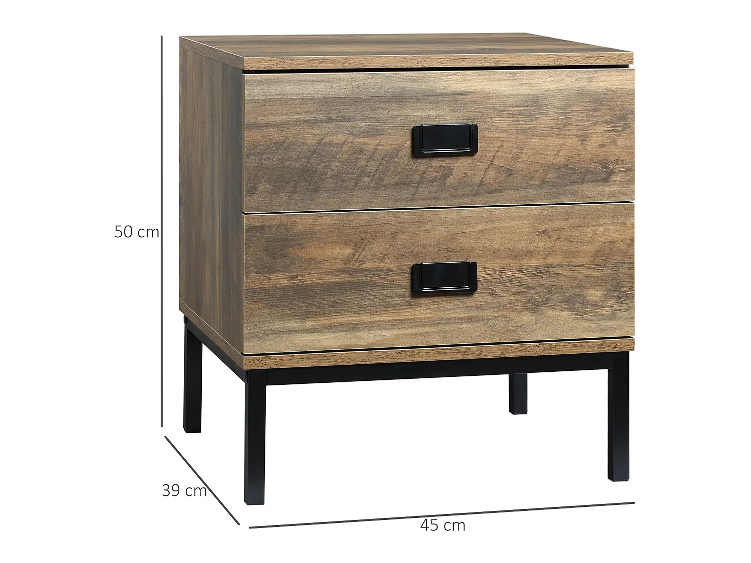 Virado Coffee Brown Bedside Table with 2 Drawers and Black Metal Legs