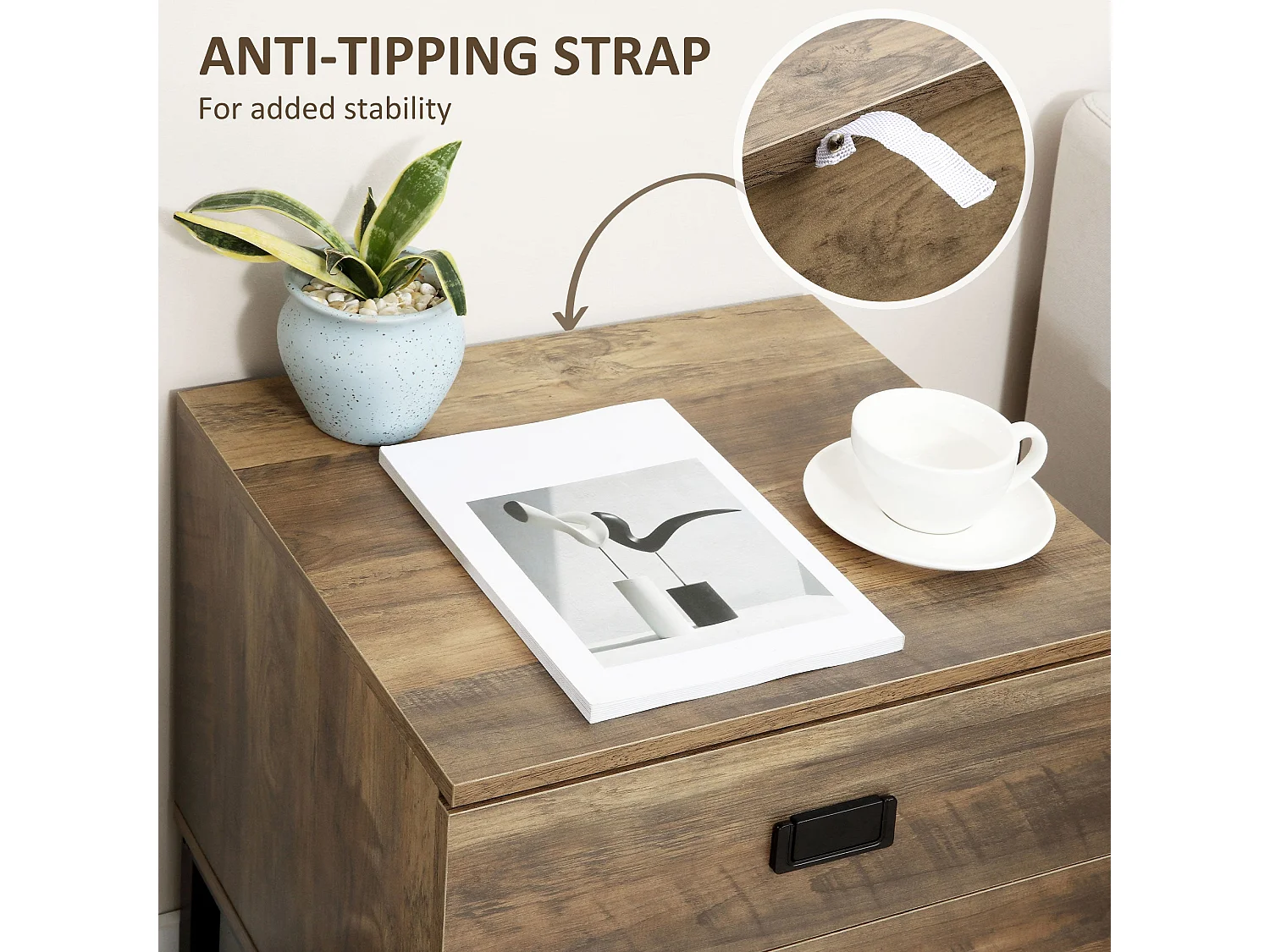 Virado Coffee Brown Bedside Table with 2 Drawers and Black Metal Legs