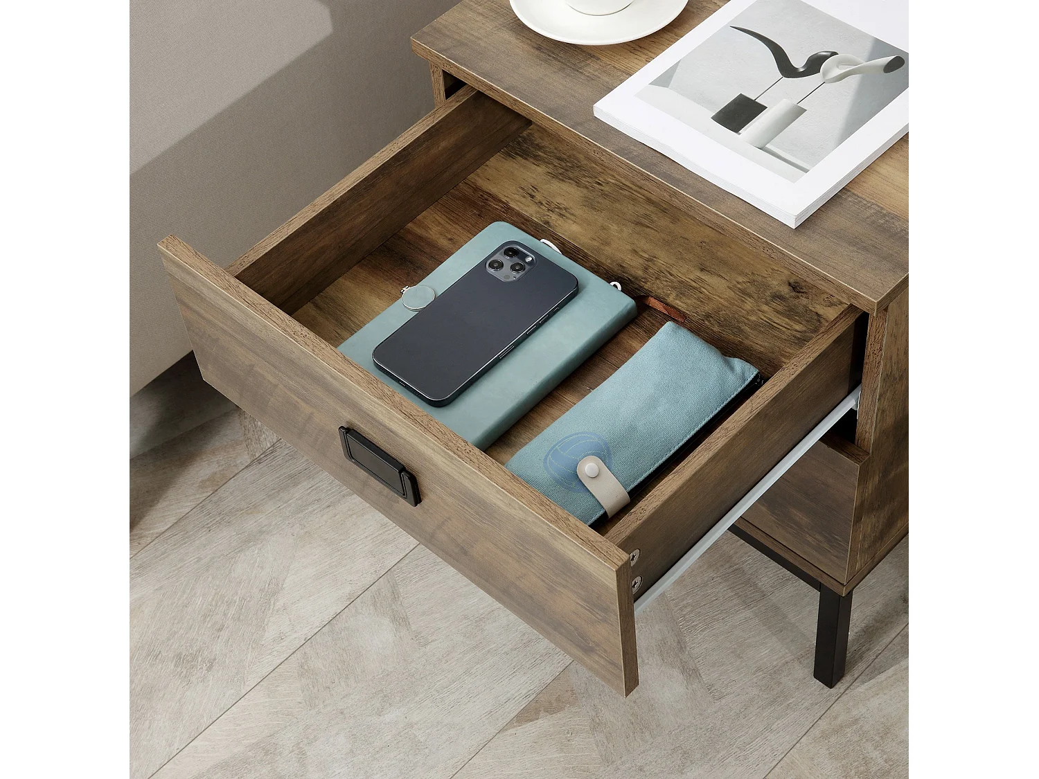 Virado Coffee Brown Bedside Table with 2 Drawers and Black Metal Legs