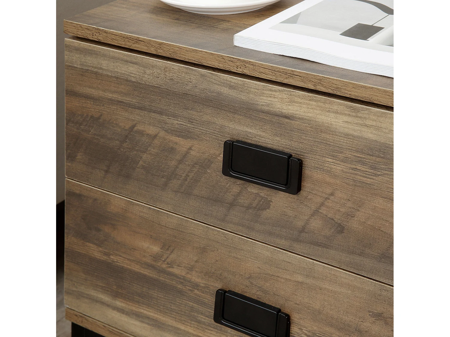 Virado Coffee Brown Bedside Table with 2 Drawers and Black Metal Legs