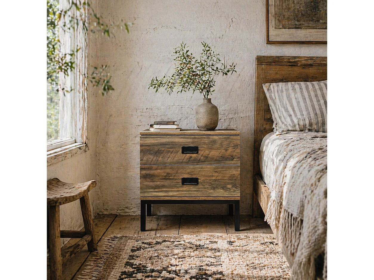 Virado Coffee Brown Bedside Table with 2 Drawers and Black Metal Legs