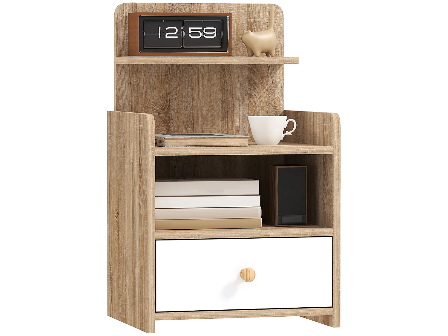 Tahadi White and Natural Wood Effect Bedside Table with Shelves and Drawer