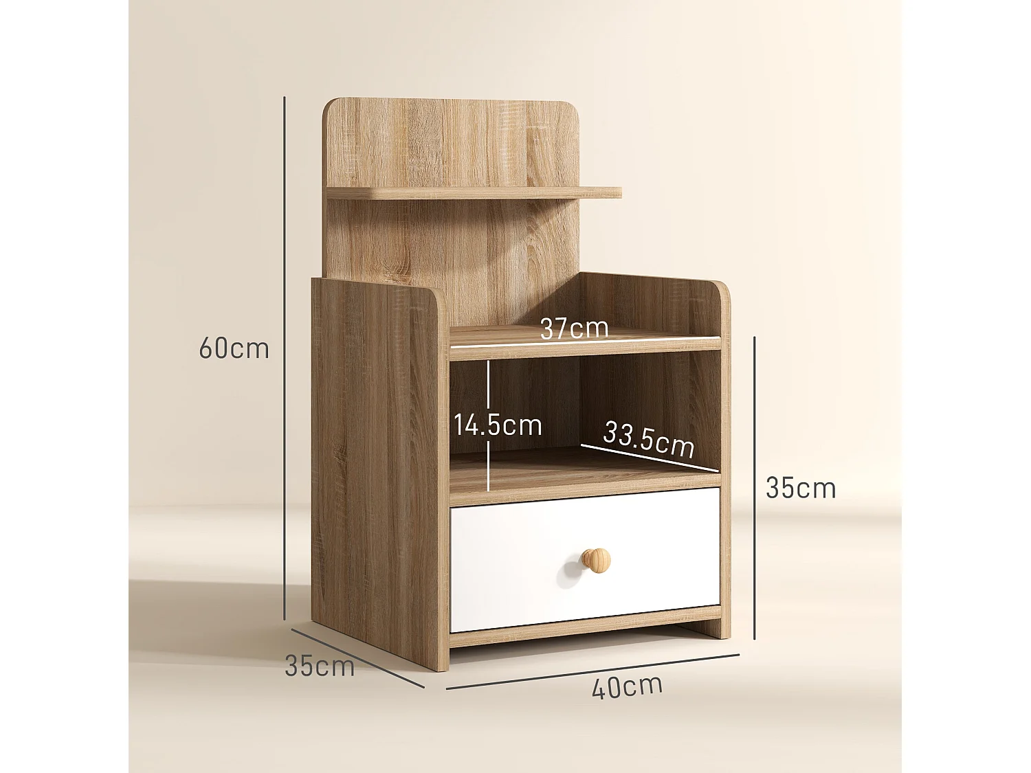 Tahadi White and Natural Wood Effect Bedside Table with Shelves and Drawer
