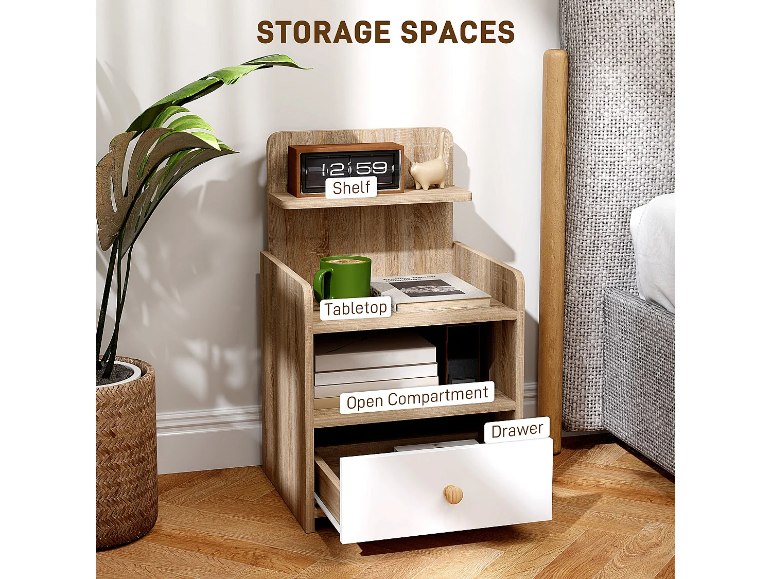 Tahadi White and Natural Wood Effect Bedside Table with Shelves and Drawer