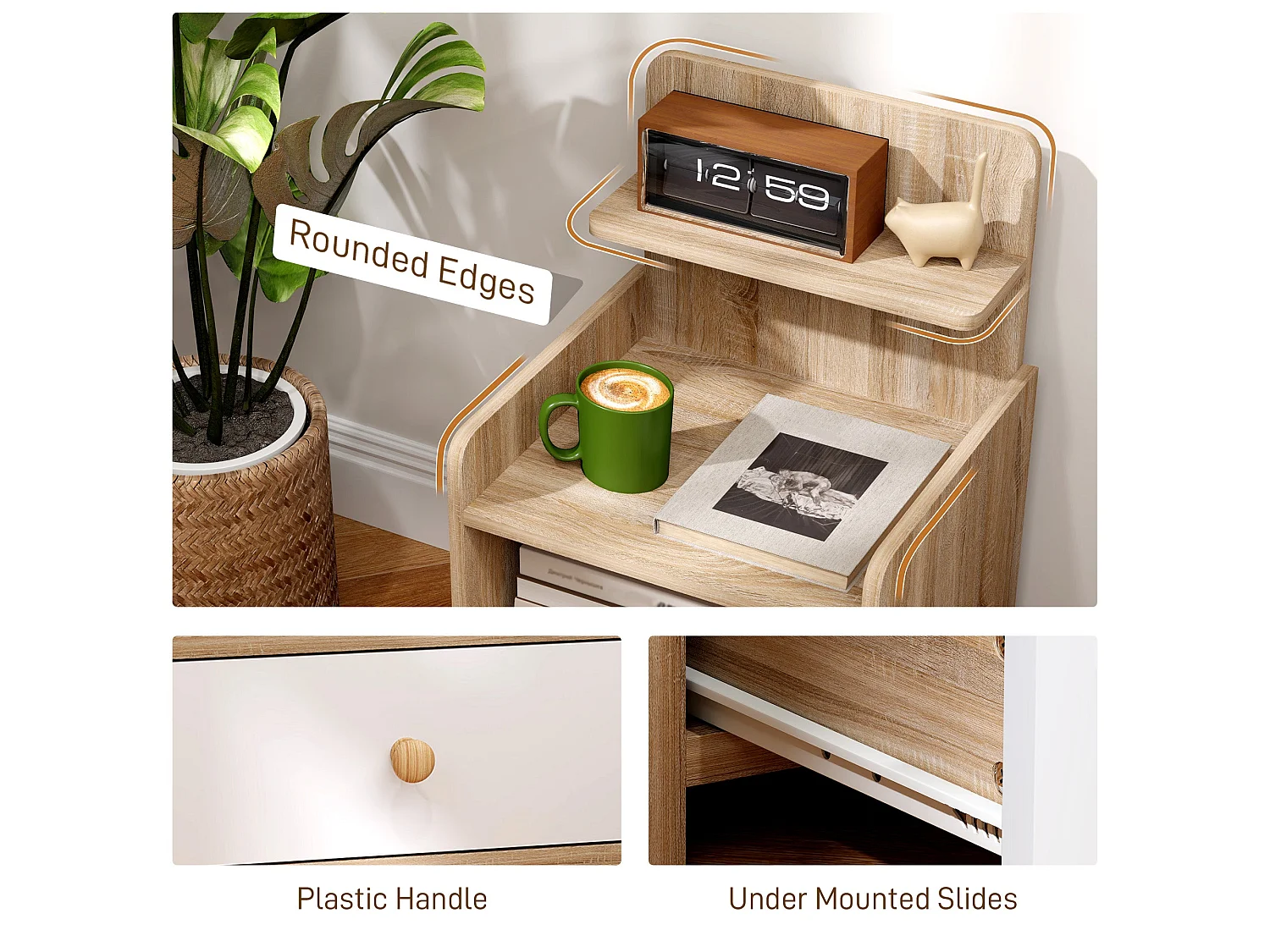 Tahadi White and Natural Wood Effect Bedside Table with Shelves and Drawer