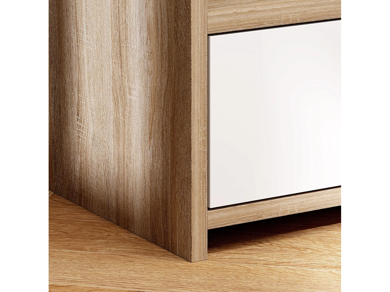 Tahadi White and Natural Wood Effect Bedside Table with Shelves and Drawer