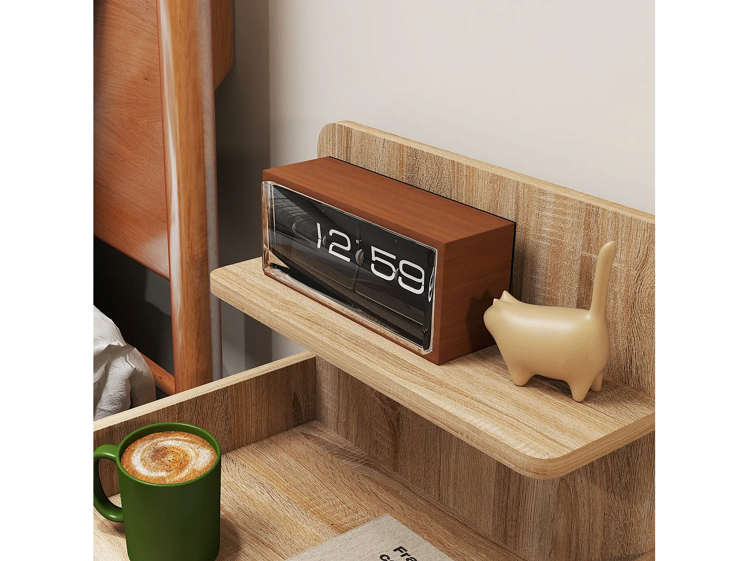 Tahadi White and Natural Wood Effect Bedside Table with Shelves and Drawer