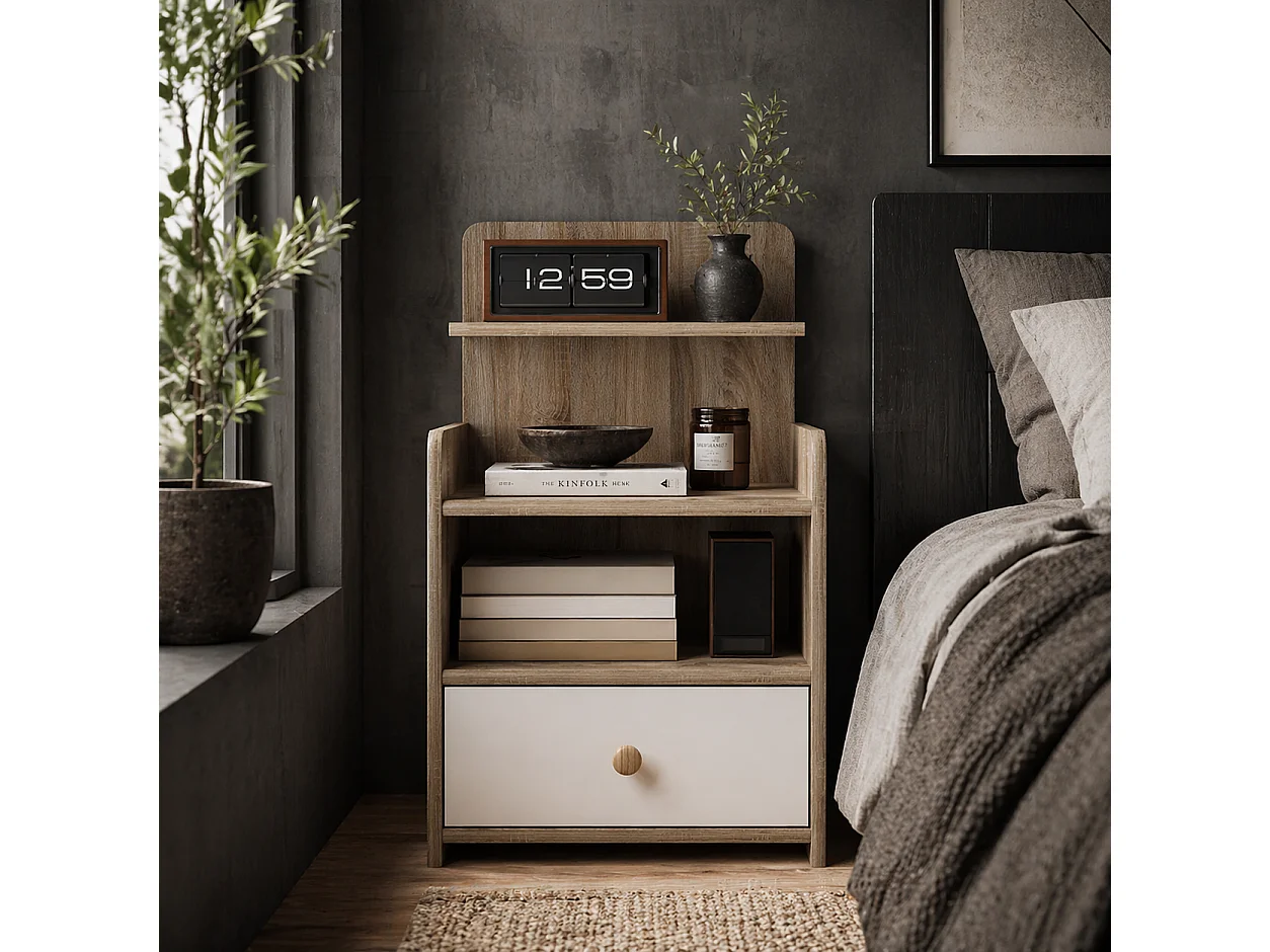 Tahadi White and Natural Wood Effect Bedside Table with Shelves and Drawer
