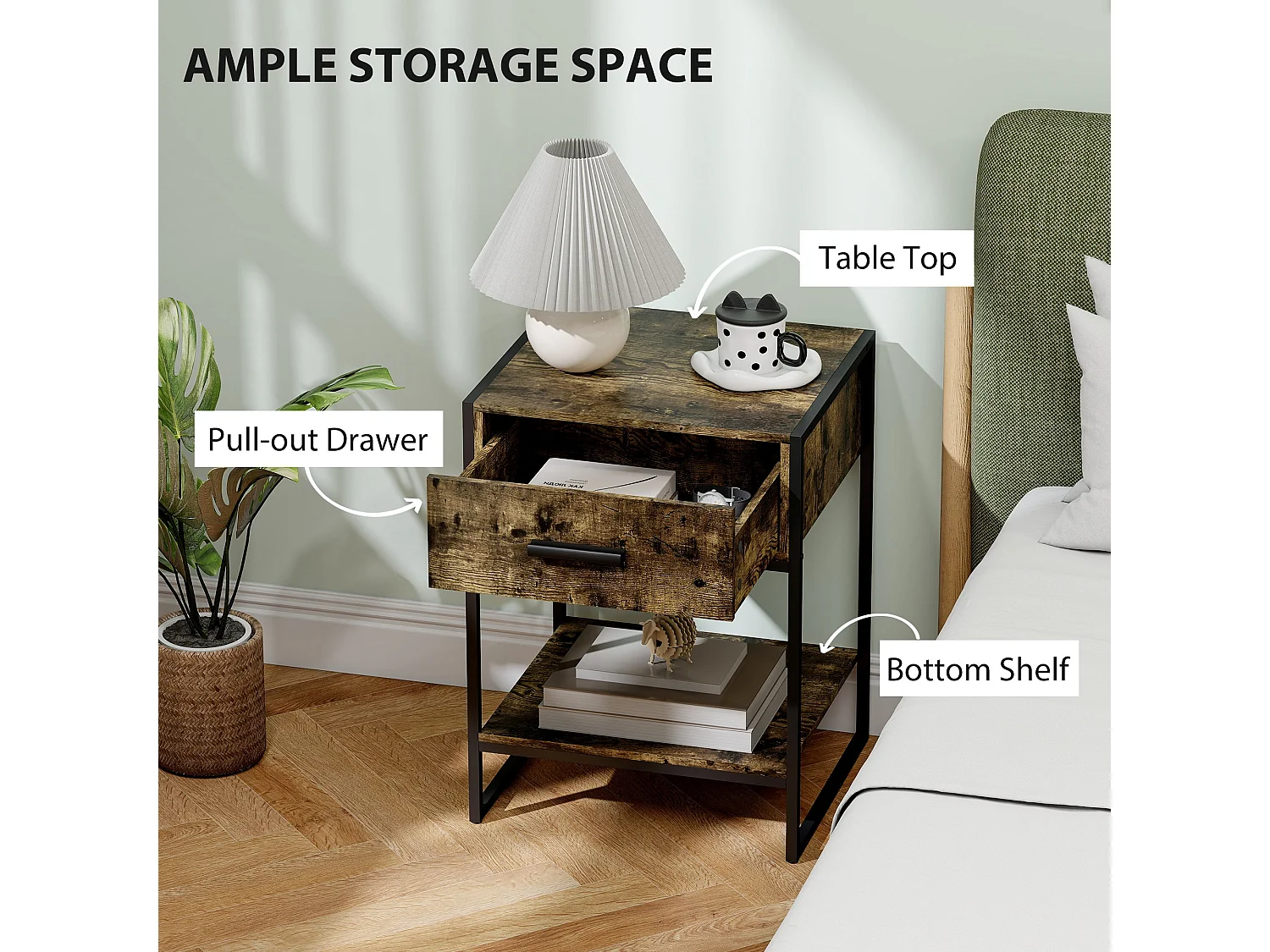 Likeli Rustic Brown Bedside Table with Drawer and Open Shelf