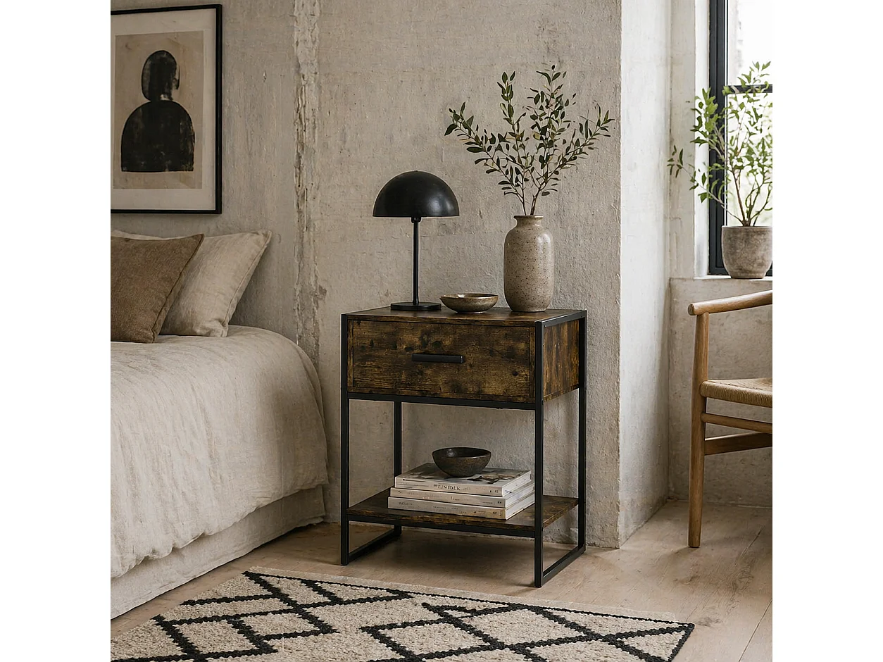 Likeli Rustic Brown Bedside Table with Drawer and Open Shelf
